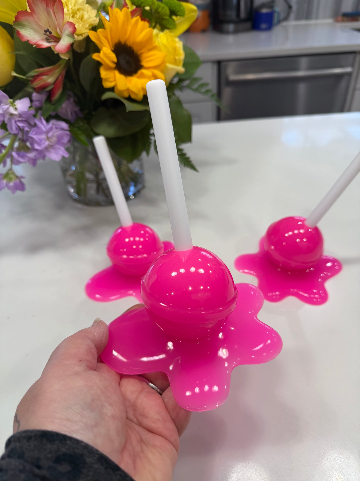 Neon BubblegumPink Melting Lollipop Resin Sculpture – OOAK Pop Art Candy Decor