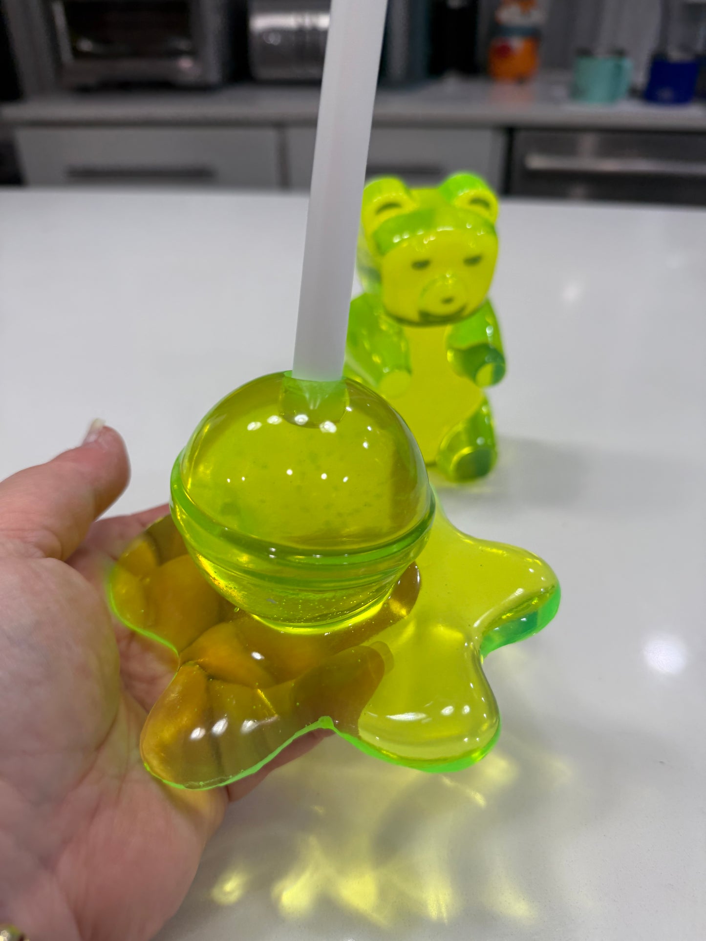 Neon Lime Gummy Bear & Melting Lollipop Set | Handmade Resin Pop Art Sculpture Duo | Candy Cabinet Collection | Dopamine Decor