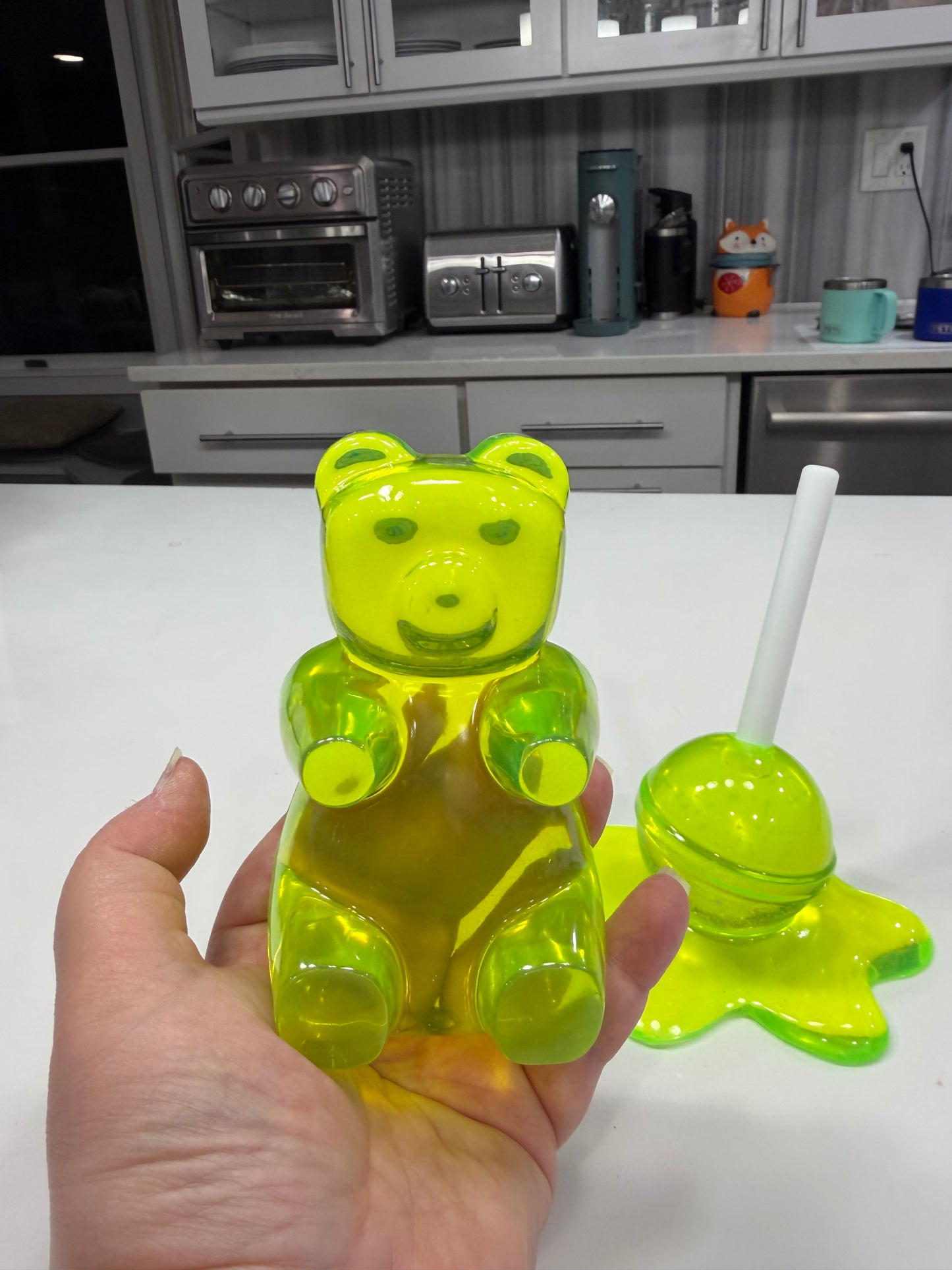 Neon Lime Gummy Bear & Melting Lollipop Set | Handmade Resin Pop Art Sculpture Duo | Candy Cabinet Collection | Dopamine Decor