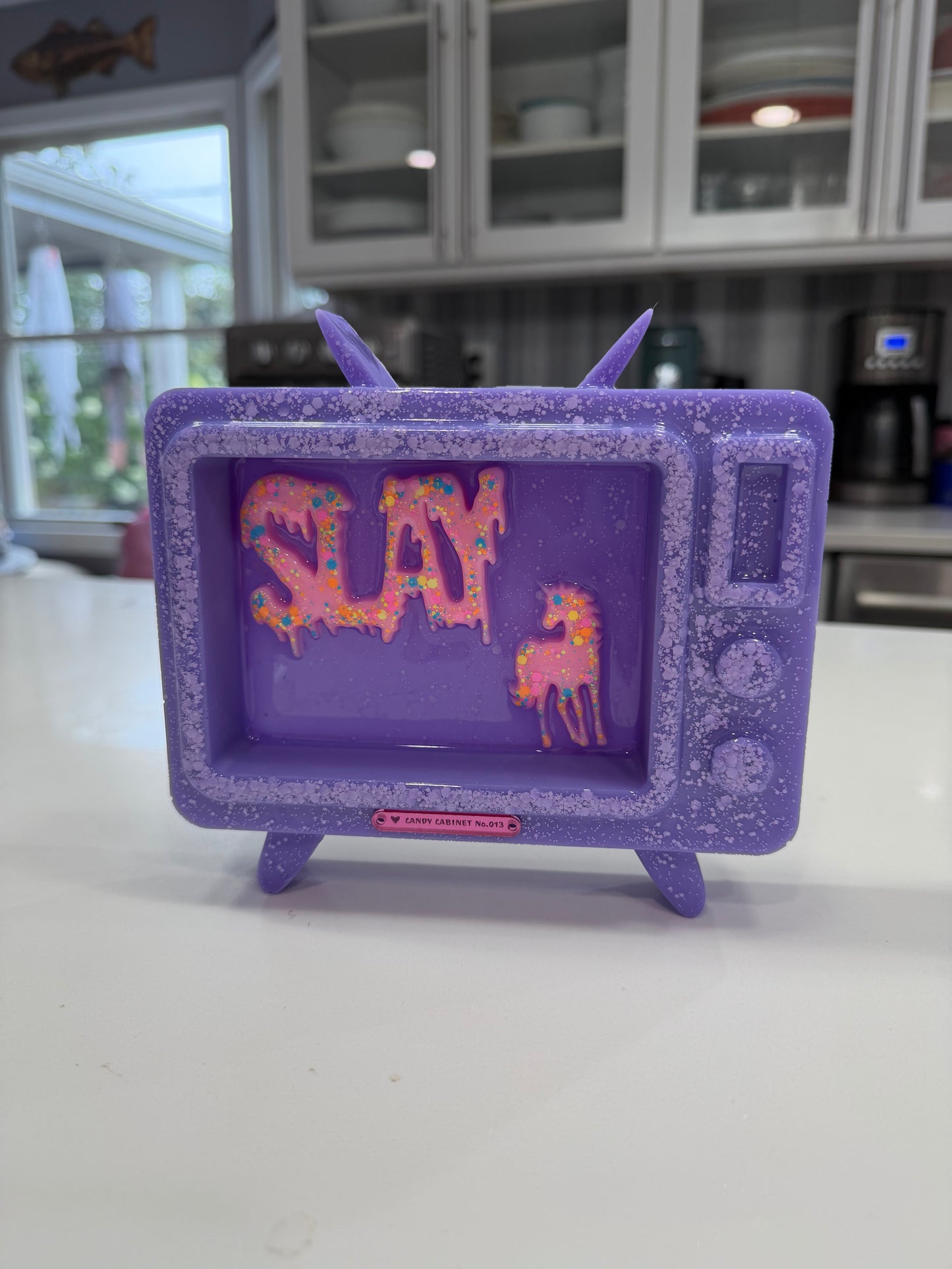 Candy Cabinet™ SLAY Retro TV Sculpture – Handmade Resin Television with Drippy Typography & Unicorn | 7x6 Freestanding Pop Art Collectible