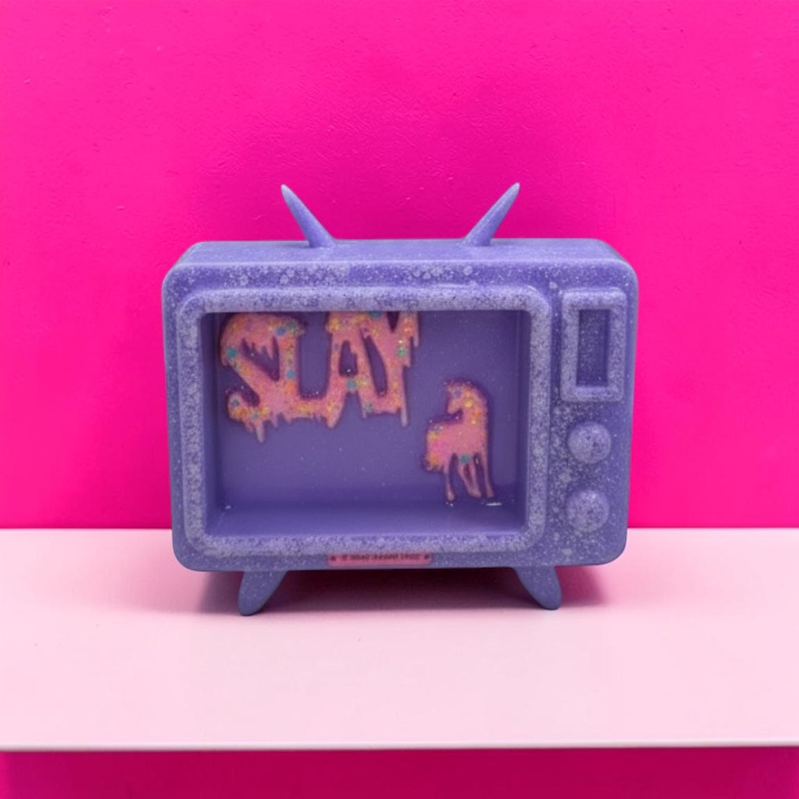 Candy Cabinet™ SLAY Retro TV Sculpture – Handmade Resin Television with Drippy Typography & Unicorn | 7x6 Freestanding Pop Art Collectible