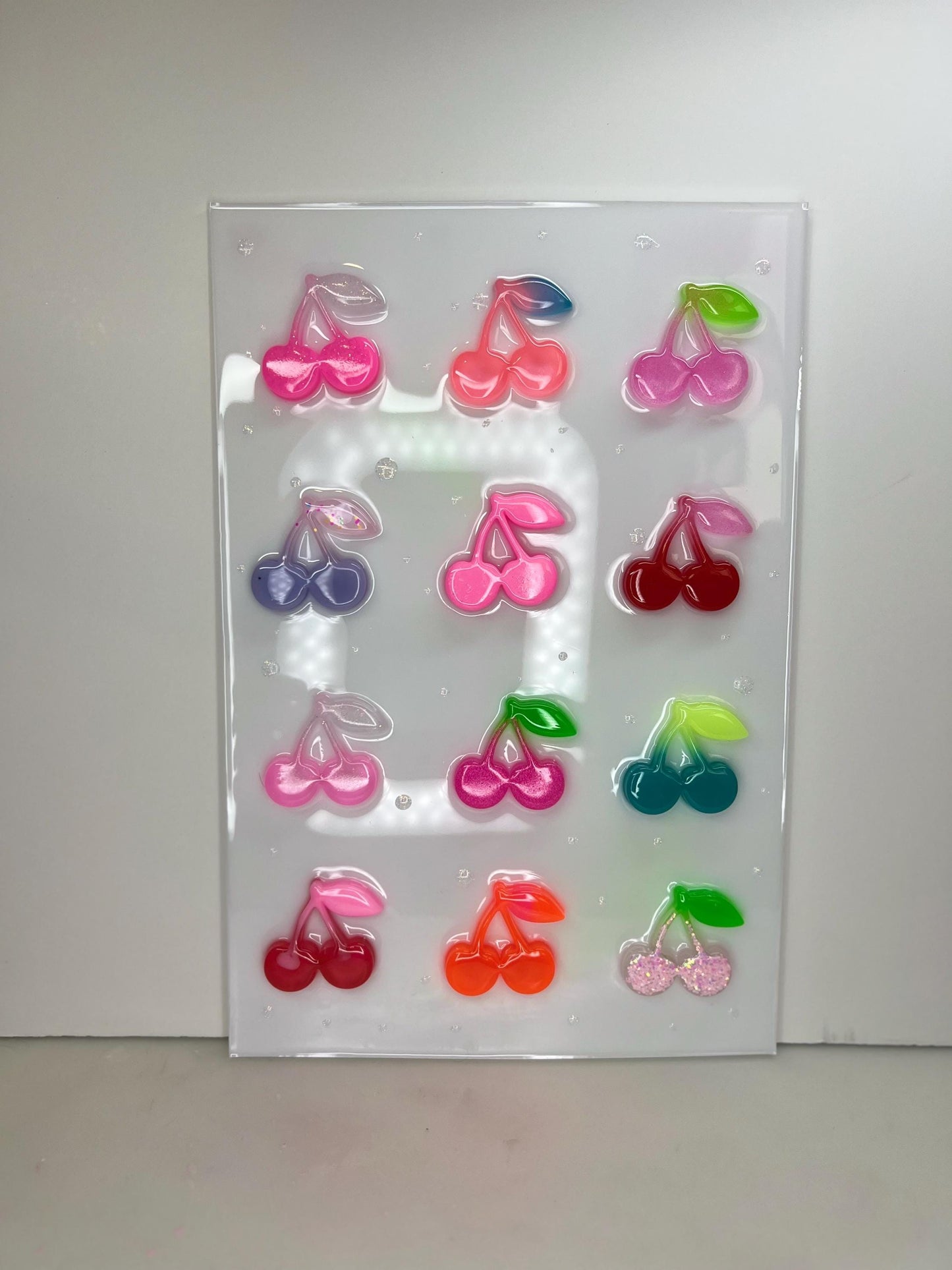 OOAK Resin Cherry Grid Wall Art • 3D Pop Art Candy Sculpture • Colorful Kawaii Fruit Decor • Handmade 12x8 Statement Piece