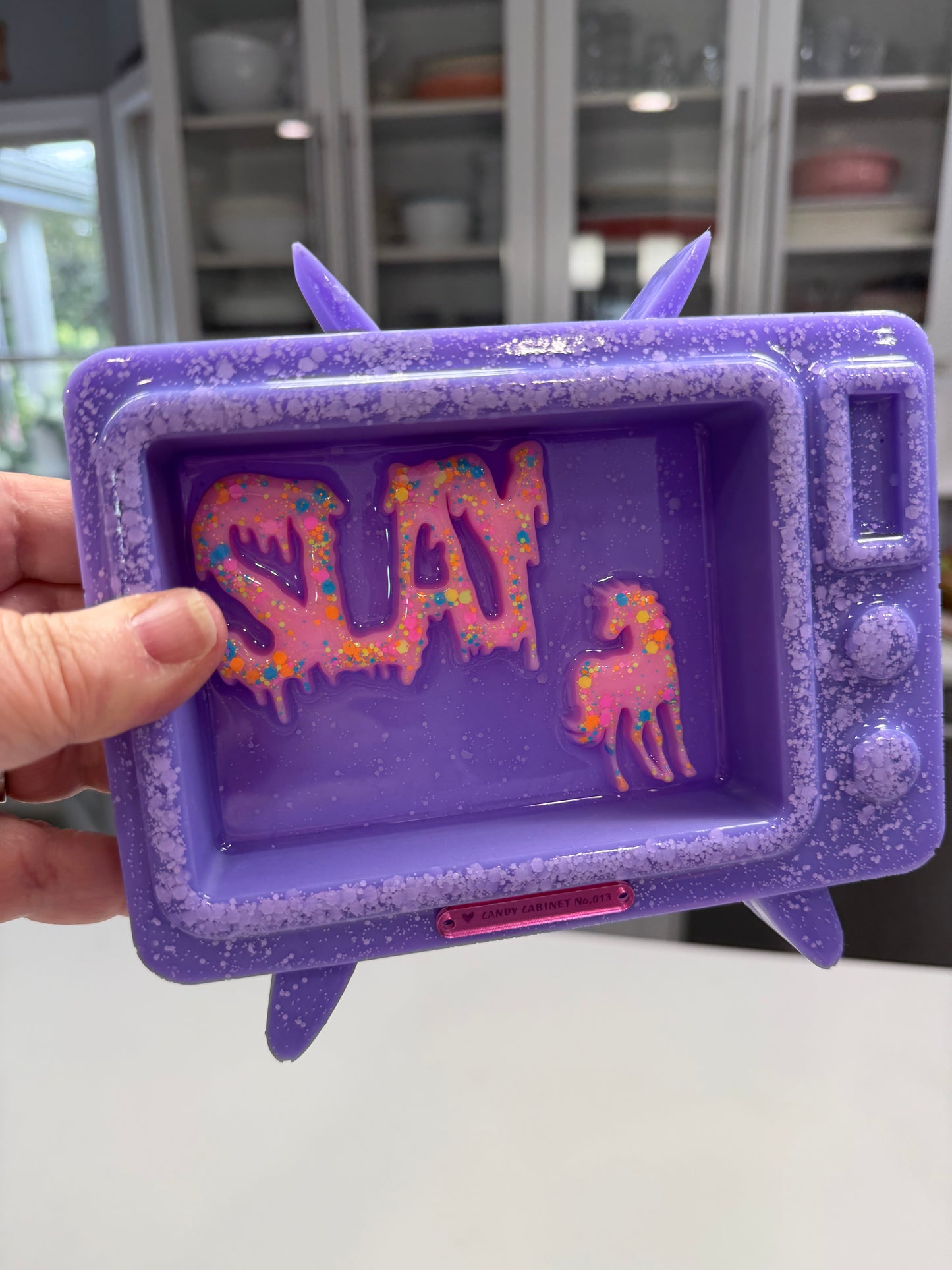 Candy Cabinet™ SLAY Retro TV Sculpture – Handmade Resin Television with Drippy Typography & Unicorn | 7x6 Freestanding Pop Art Collectible