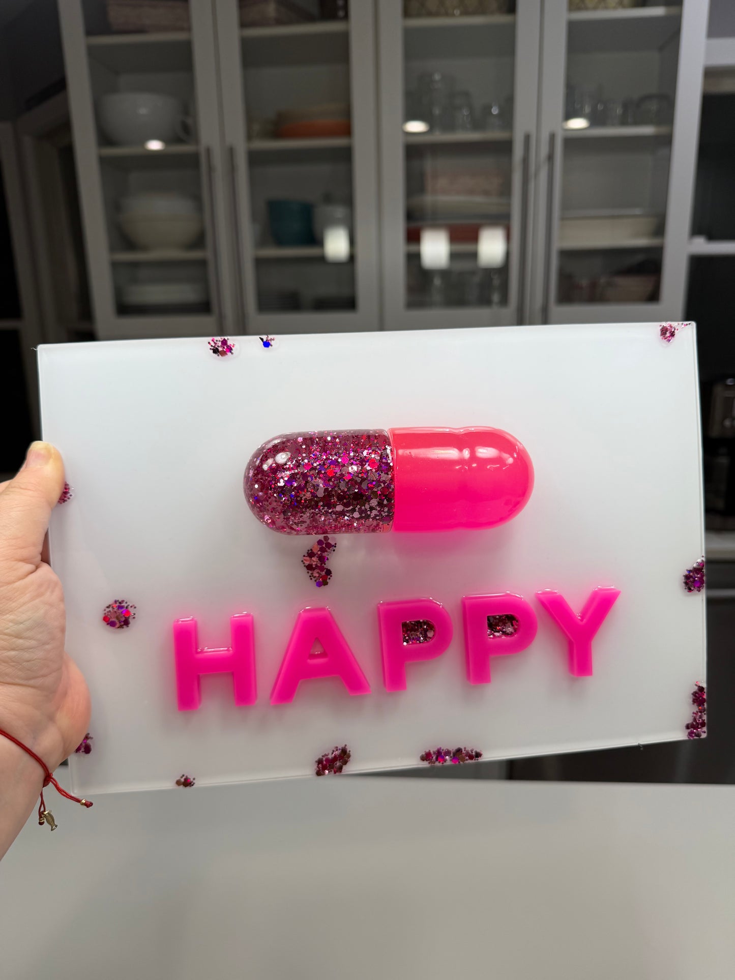 Neon Pink “Happy Pill” Resin Wall Art – Glossy Capsule Pop Art Sculpture | Dopamine Decor | Candy Cabinet Collection