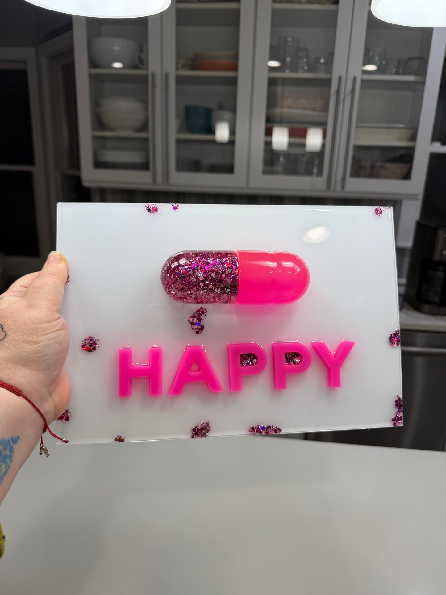 Neon Pink “Happy Pill” Resin Wall Art – Glossy Capsule Pop Art Sculpture | Dopamine Decor | Candy Cabinet Collection