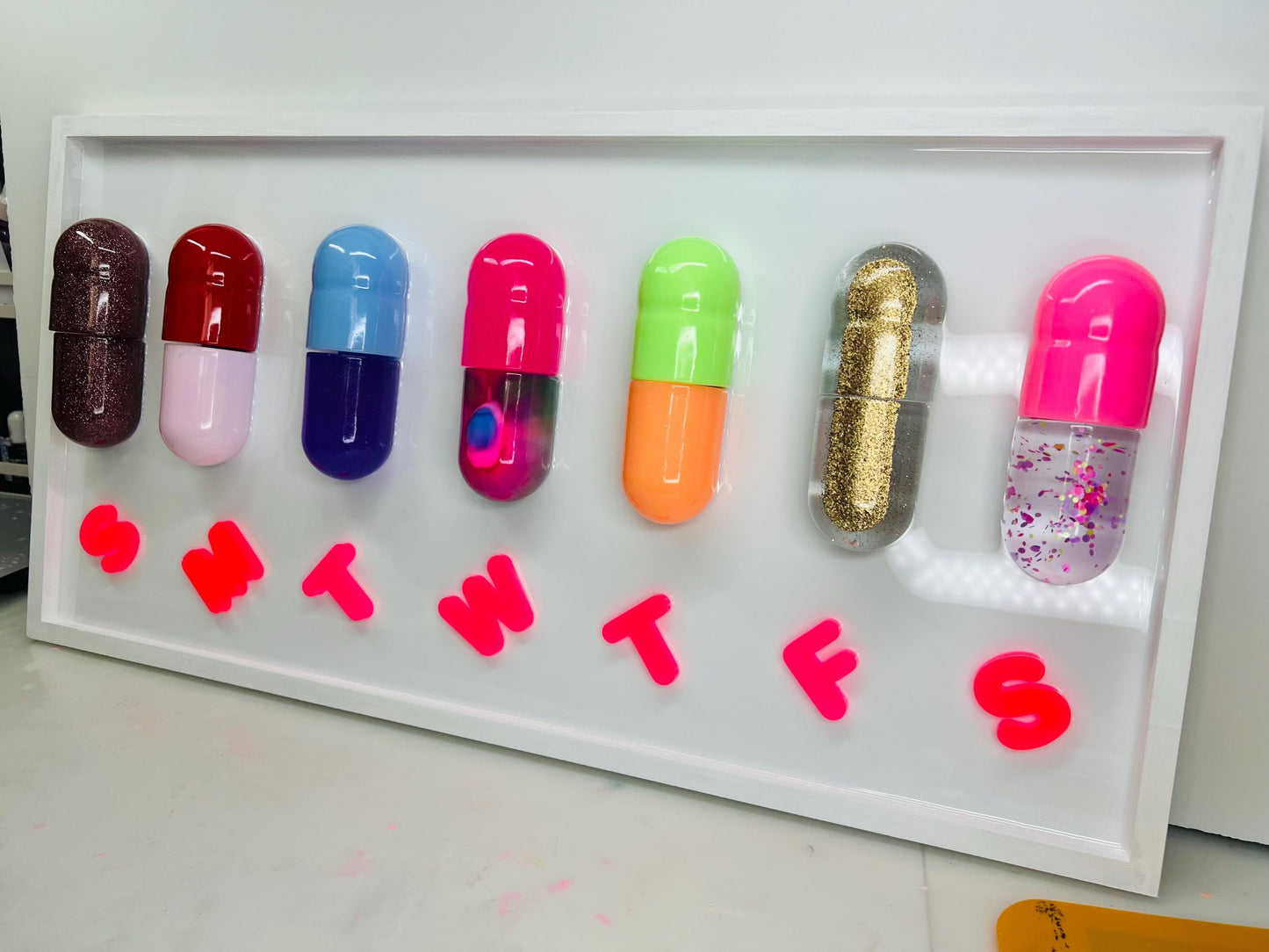 3D Pop Art 'Magic Pill' Wall Hanging: Resin Capsule Art, Dopamine Maximalist Office Wall Mount Decor, Mental Health Awareness Art