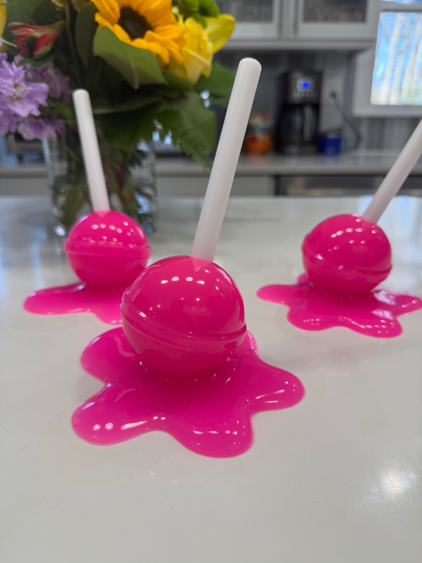 Neon BubblegumPink Melting Lollipop Resin Sculpture – OOAK Pop Art Candy Decor
