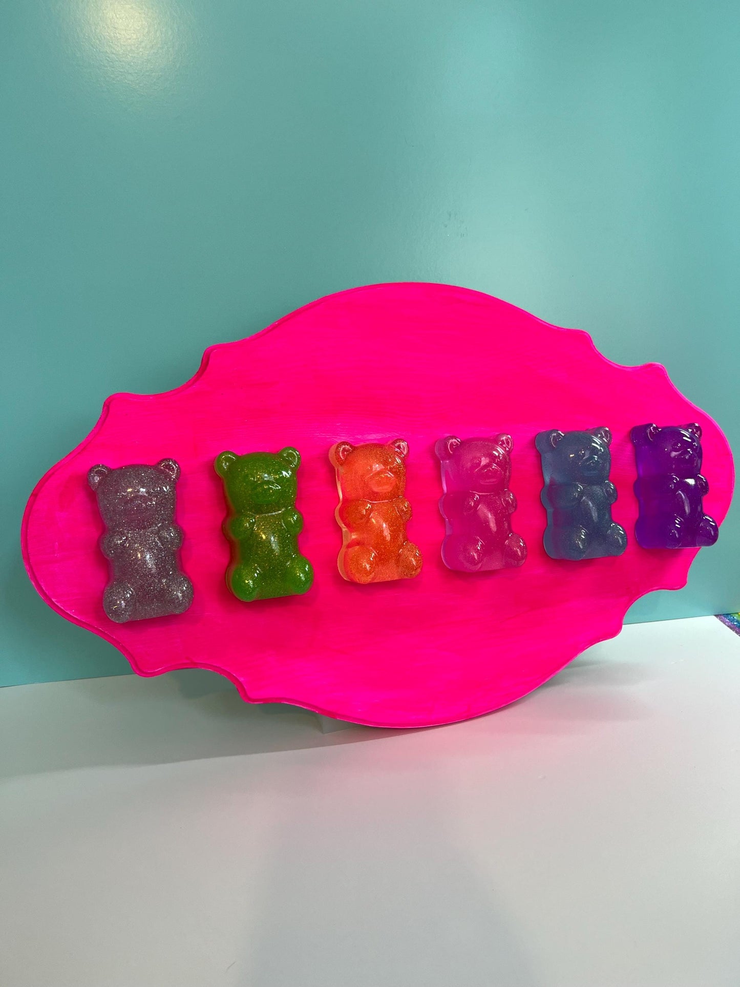 Rainbow Gummy Bears Ornate Filigree Frame Wall Art: Glitter Resin 3D Pop Art, Classic Gummy Bear Candy Shapes Statement Wall Art Hot Pink