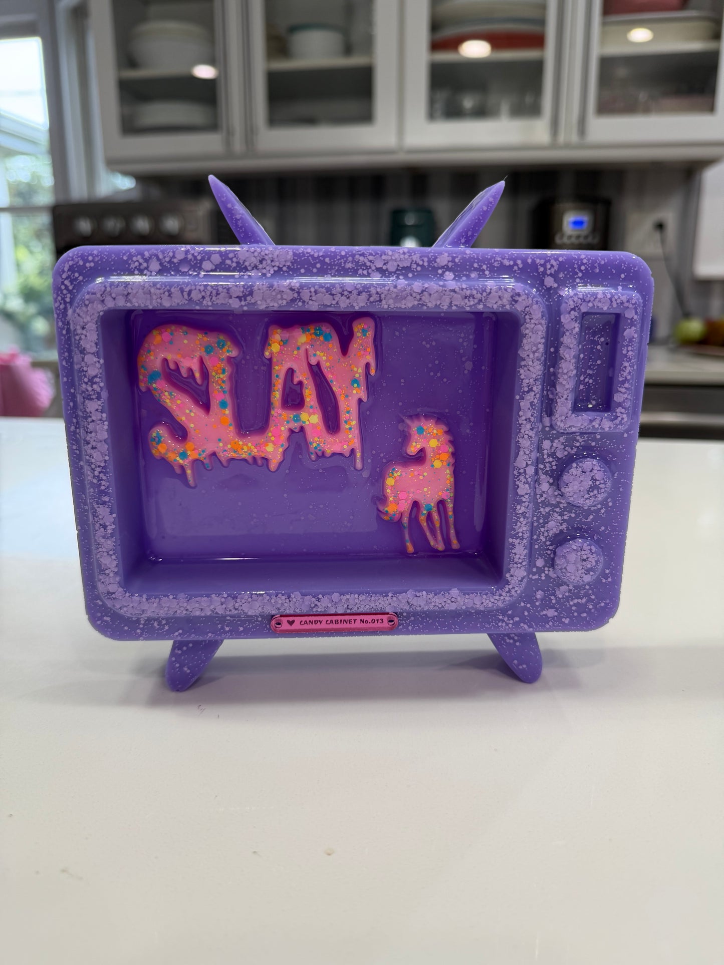 Candy Cabinet™ SLAY Retro TV Sculpture – Handmade Resin Television with Drippy Typography & Unicorn | 7x6 Freestanding Pop Art Collectible