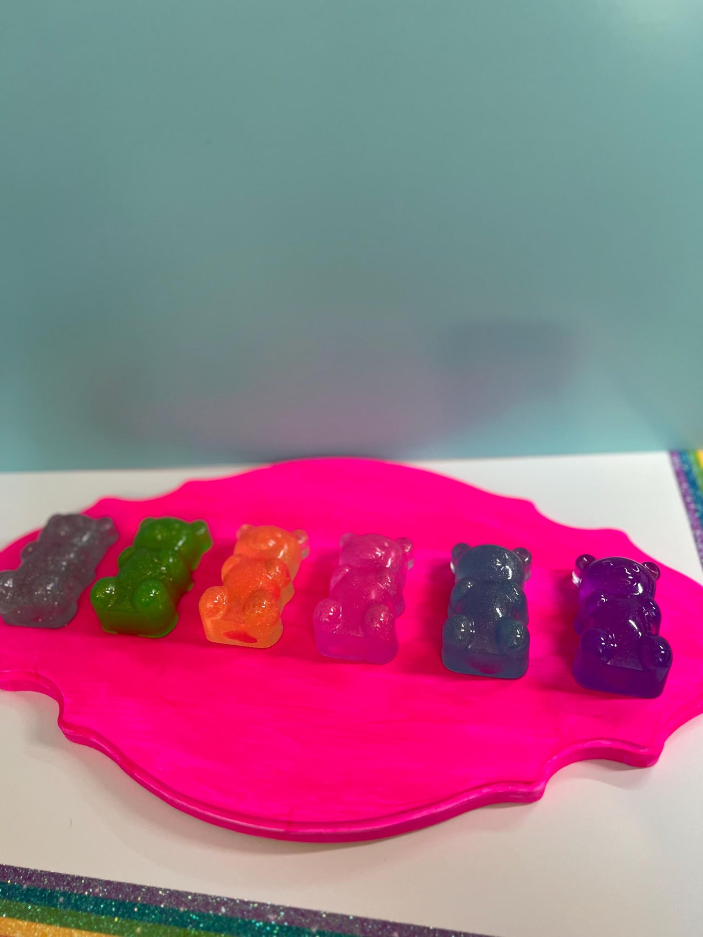 Rainbow Gummy Bears Ornate Filigree Frame Wall Art: Glitter Resin 3D Pop Art, Classic Gummy Bear Candy Shapes Statement Wall Art Hot Pink