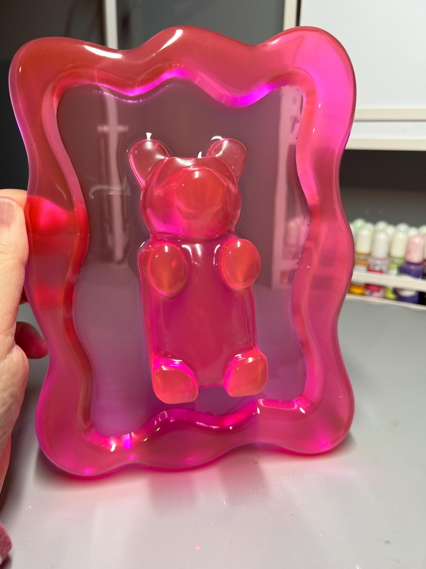 Hot Pink Gummy Bear Resin Wall Art – Y2K Candycore Pop Art Decor – Translucent Lucite Style Handmade Sculpture