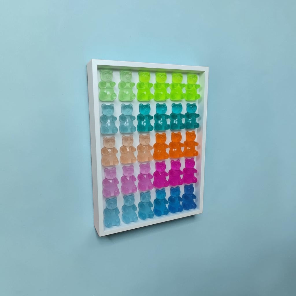 Rainbow Ombre Resin Gummy Bear Wall Art: 3D Pop Art Decor, Nursery Kids Room Wall Hanging, Handmade Rainbow Decor