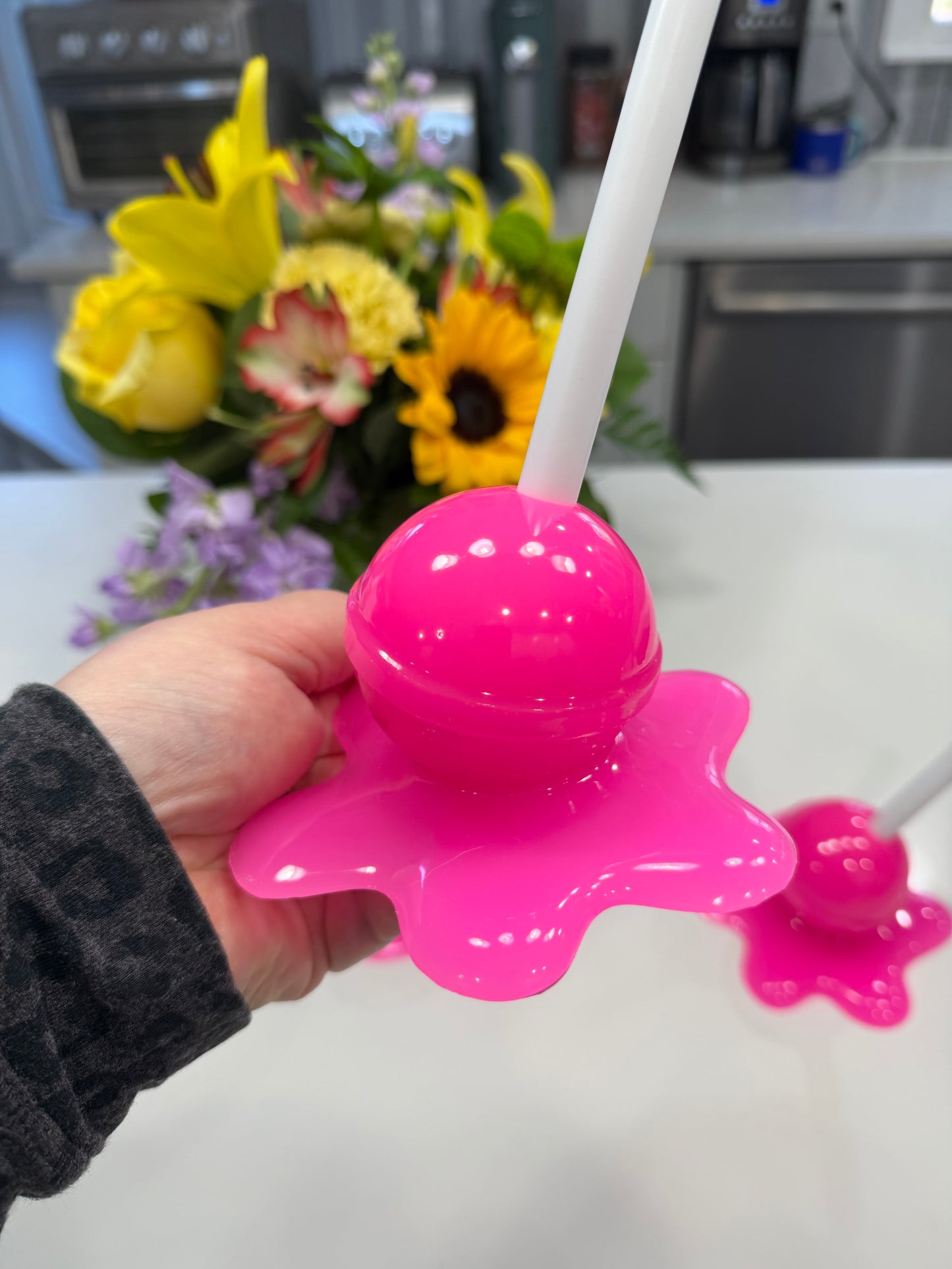 Neon BubblegumPink Melting Lollipop Resin Sculpture – OOAK Pop Art Candy Decor