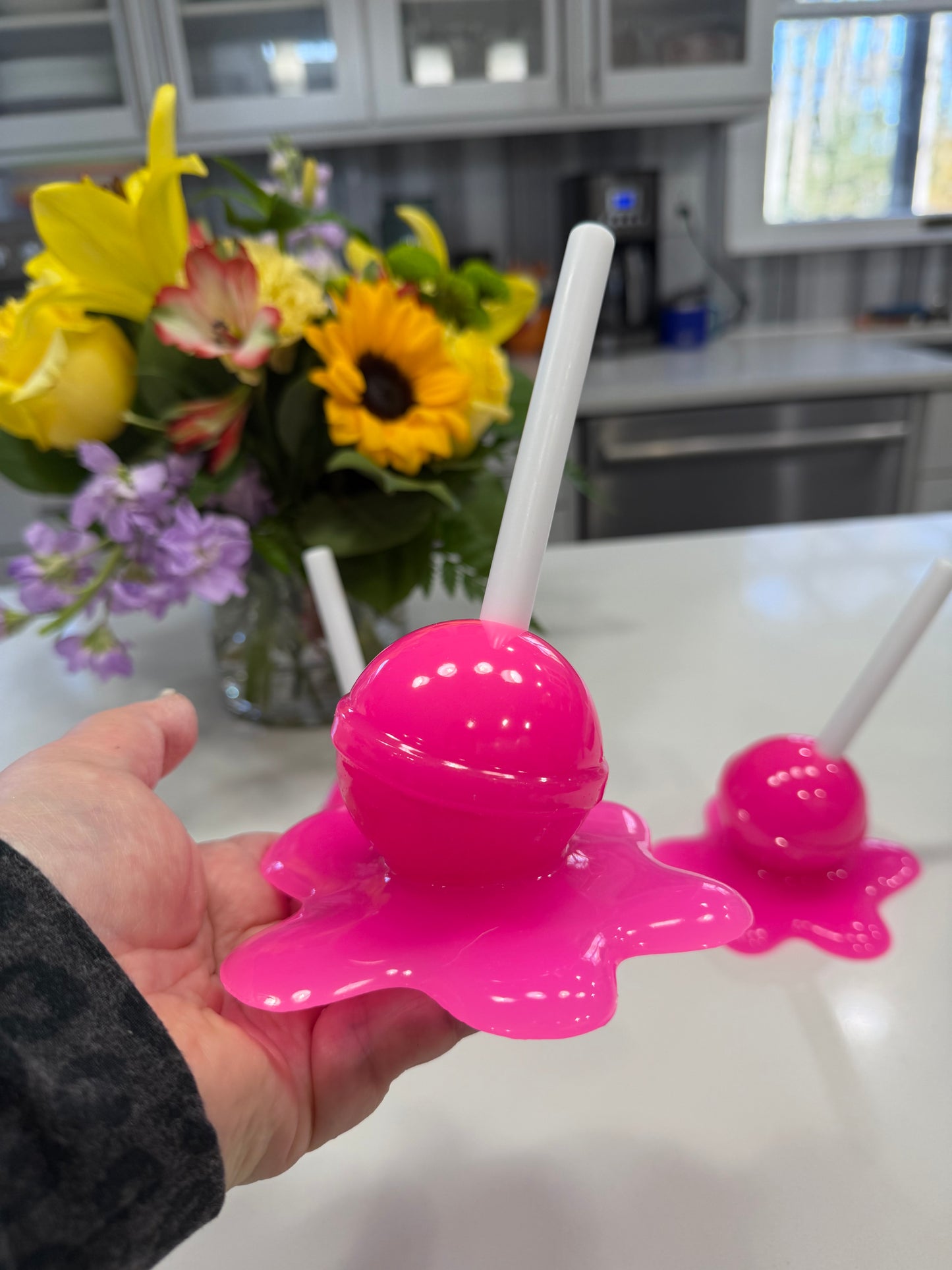 Neon BubblegumPink Melting Lollipop Resin Sculpture – OOAK Pop Art Candy Decor