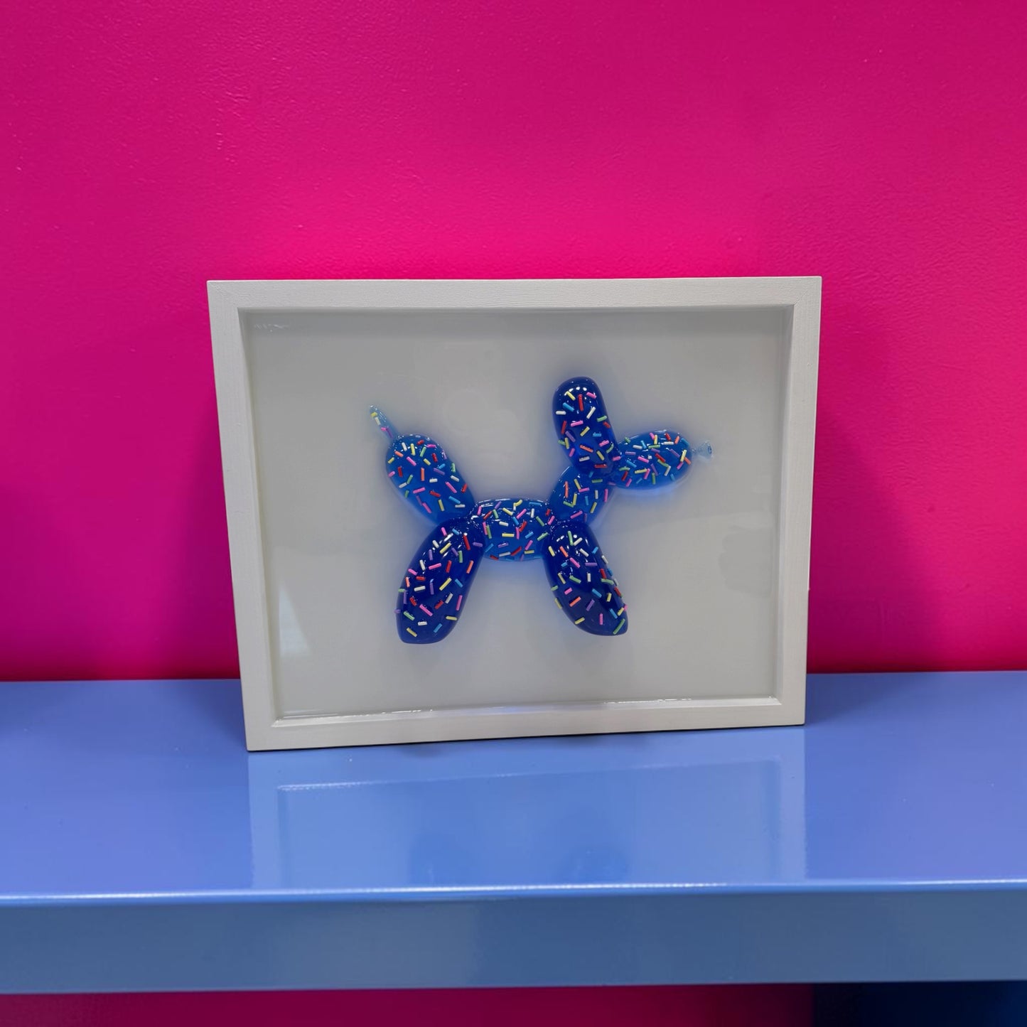 Blue Sprinkle Balloon Dog Wall Art | Handmade Resin Pop Art Sculpture on White Framed Panel | Candy Cabinet Collection