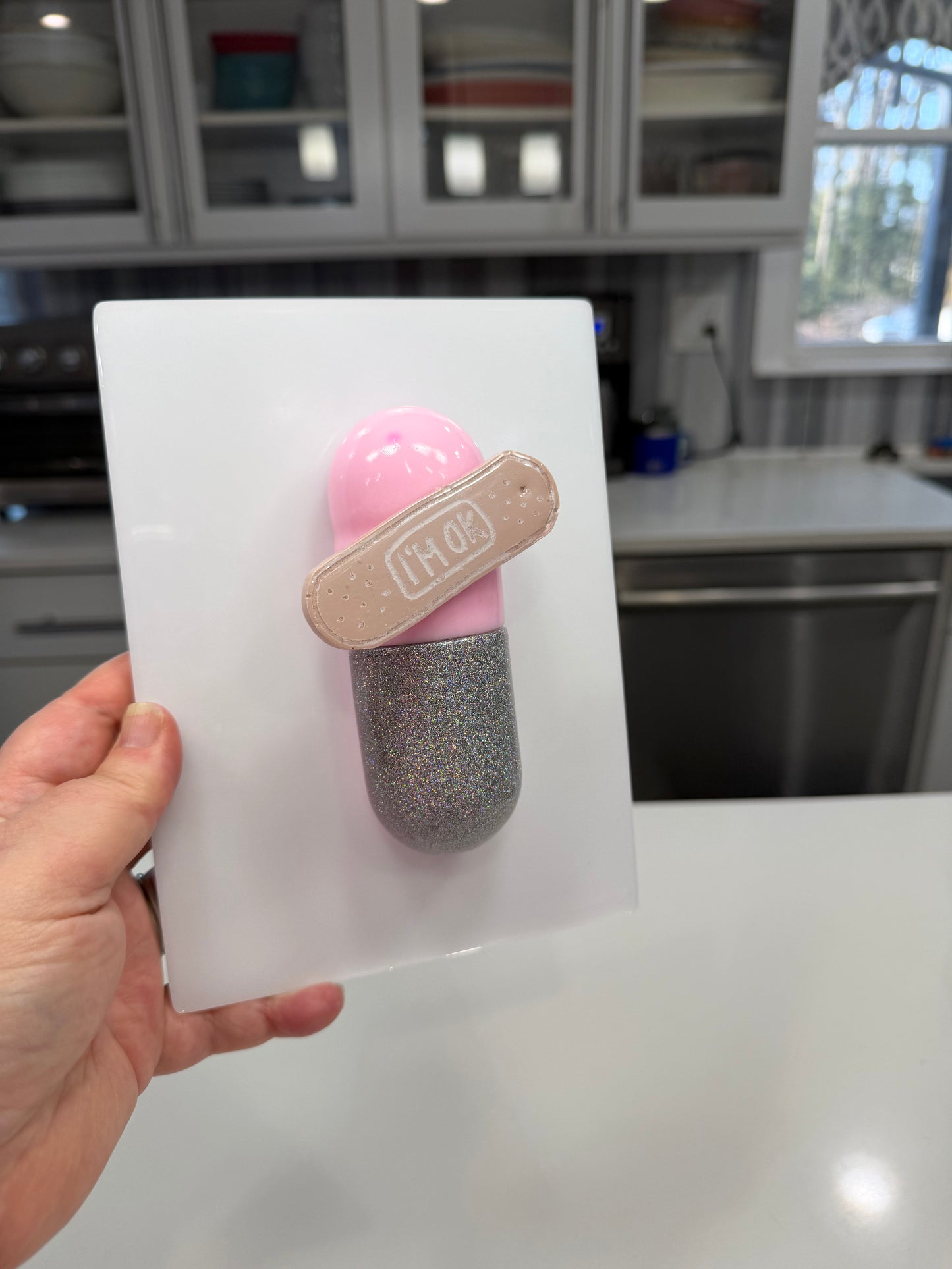 I’m Ok Capsule Pill Wall Art – 8x6” Resin Sculpture – Pink Pop Art Mental Health Piece – Glitter Silver & Bandage Detail – Ready to Hang