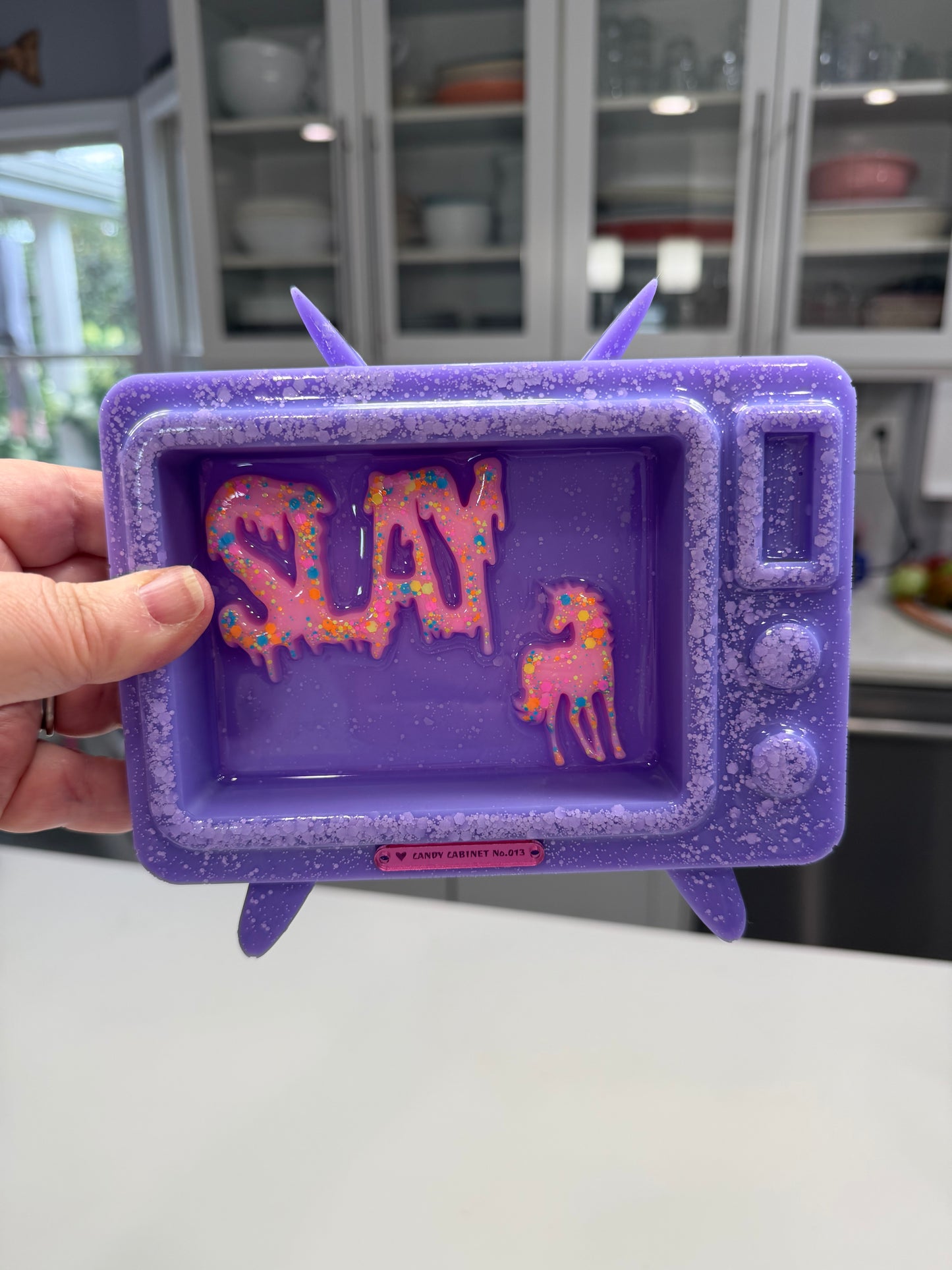 Candy Cabinet™ SLAY Retro TV Sculpture – Handmade Resin Television with Drippy Typography & Unicorn | 7x6 Freestanding Pop Art Collectible