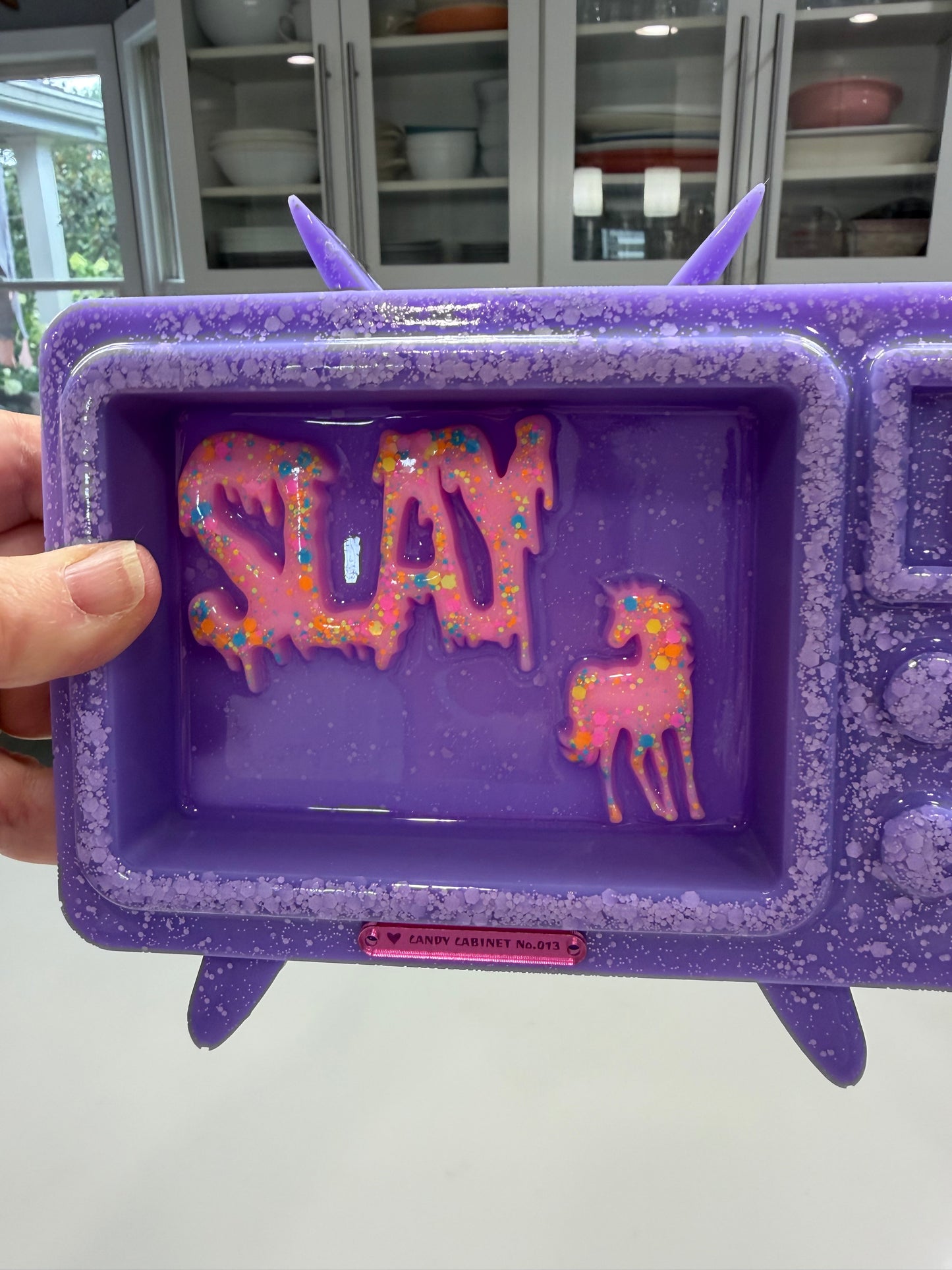 Candy Cabinet™ SLAY Retro TV Sculpture – Handmade Resin Television with Drippy Typography & Unicorn | 7x6 Freestanding Pop Art Collectible
