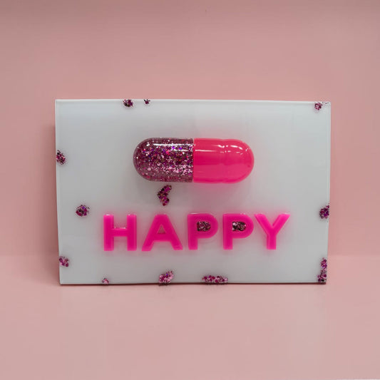 Neon Pink “Happy Pill” Resin Wall Art – Glossy Capsule Pop Art Sculpture | Dopamine Decor | Candy Cabinet Collection