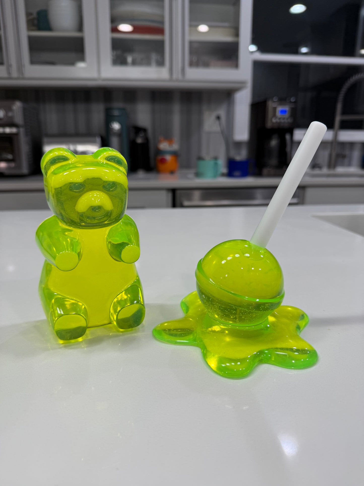 Neon Lime Gummy Bear & Melting Lollipop Set | Handmade Resin Pop Art Sculpture Duo | Candy Cabinet Collection | Dopamine Decor