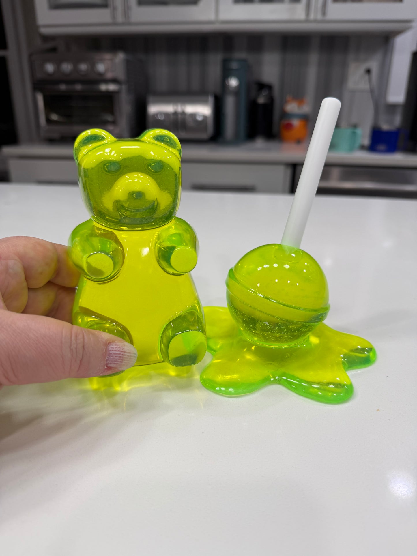 Neon Lime Gummy Bear & Melting Lollipop Set | Handmade Resin Pop Art Sculpture Duo | Candy Cabinet Collection | Dopamine Decor
