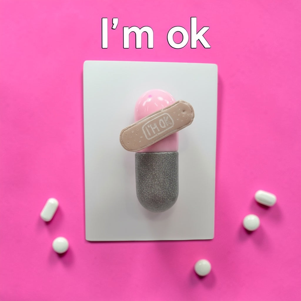 I’m Ok Capsule Pill Wall Art – 8x6” Resin Sculpture – Pink Pop Art Mental Health Piece – Glitter Silver & Bandage Detail – Ready to Hang