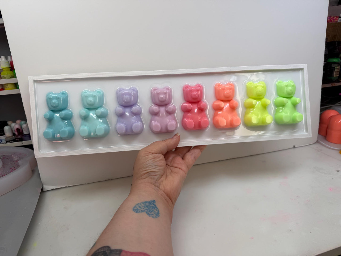 Pastel Rainbow Gummy Bear Wall Art: 3D Resin Candy Decor, Nursery Kids Room Decor, Dopamine Rush Apartment Wall Hanging