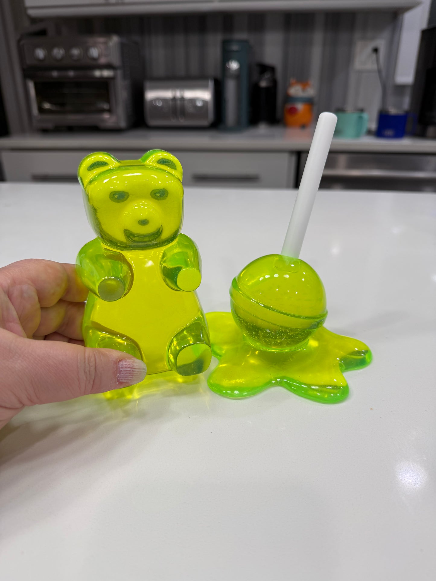 Neon Lime Gummy Bear & Melting Lollipop Set | Handmade Resin Pop Art Sculpture Duo | Candy Cabinet Collection | Dopamine Decor