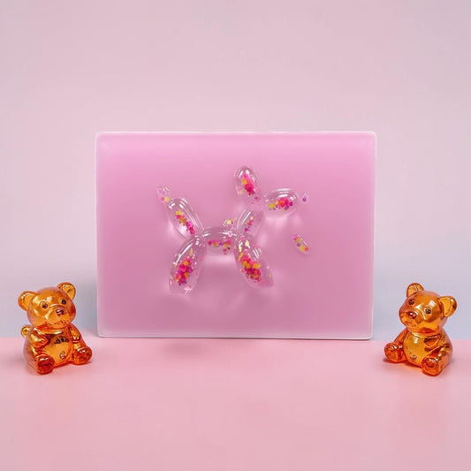 Confetti Balloon Dog on Soft Pink Resin Panel – OOAK Pop Art Sculpture (8x6 Wall Art)