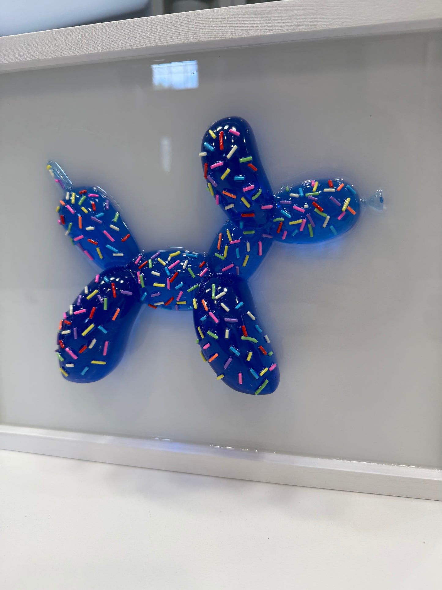 Blue Sprinkle Balloon Dog Wall Art | Handmade Resin Pop Art Sculpture on White Framed Panel | Candy Cabinet Collection
