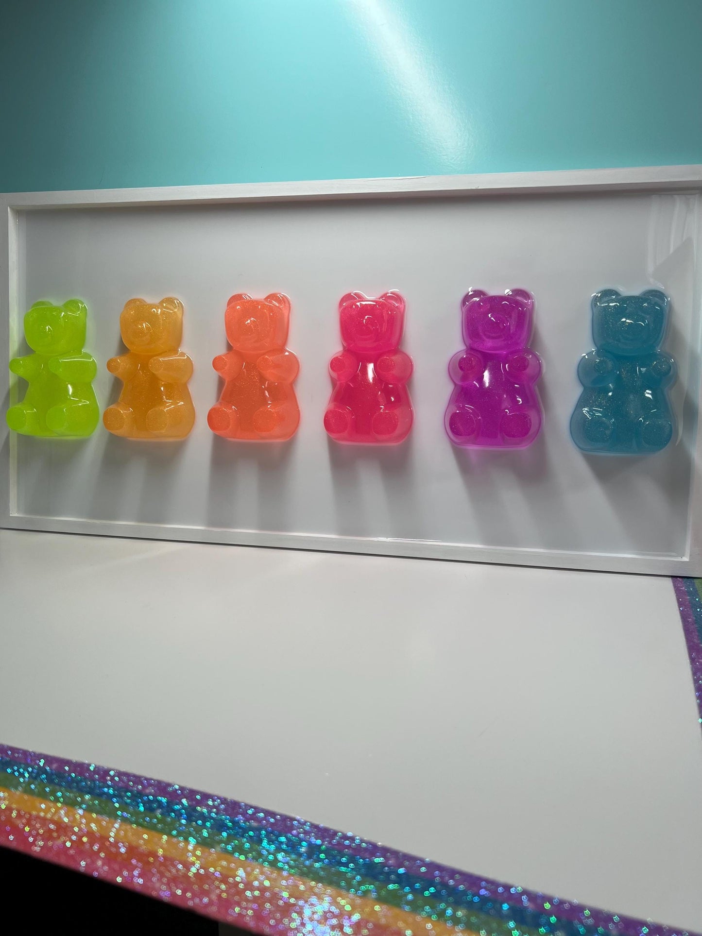 Glitter 5 inch Jumbo Neon Rainbow Gummy Bear Wall Art: 3D Pop Art Decor, Gallery Wall Nursery Wall Hanging, Dopamine Rush Kawaii Decor
