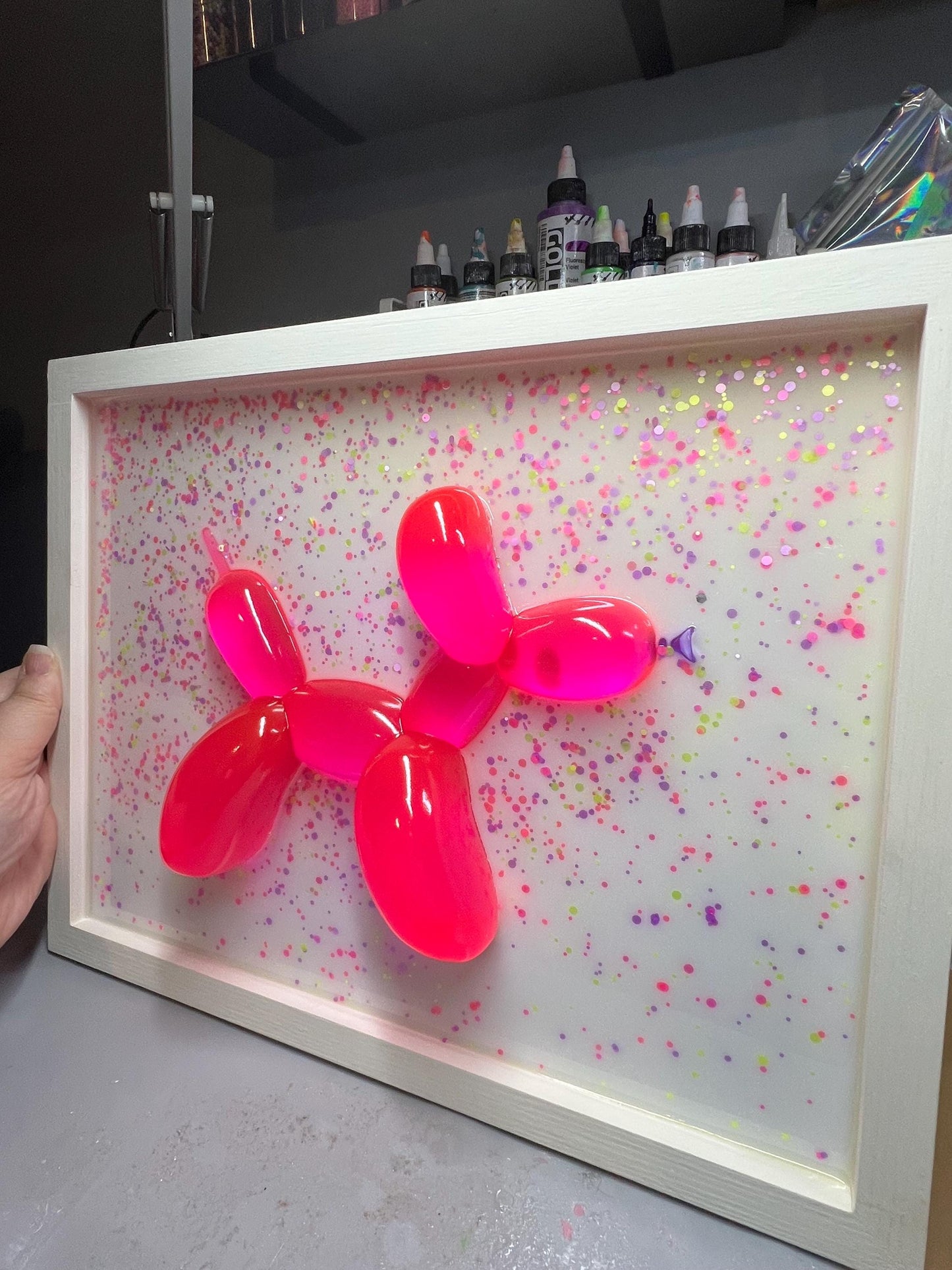 Neon Pink Balloon Dog Wall Art: 3D Confetti Resin Pop Art