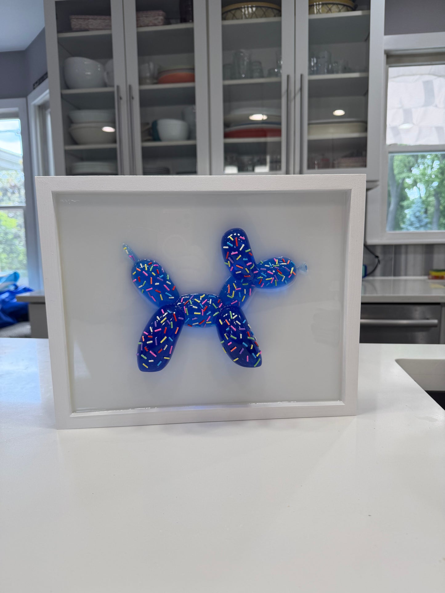 Blue Sprinkle Balloon Dog Wall Art | Handmade Resin Pop Art Sculpture on White Framed Panel | Candy Cabinet Collection