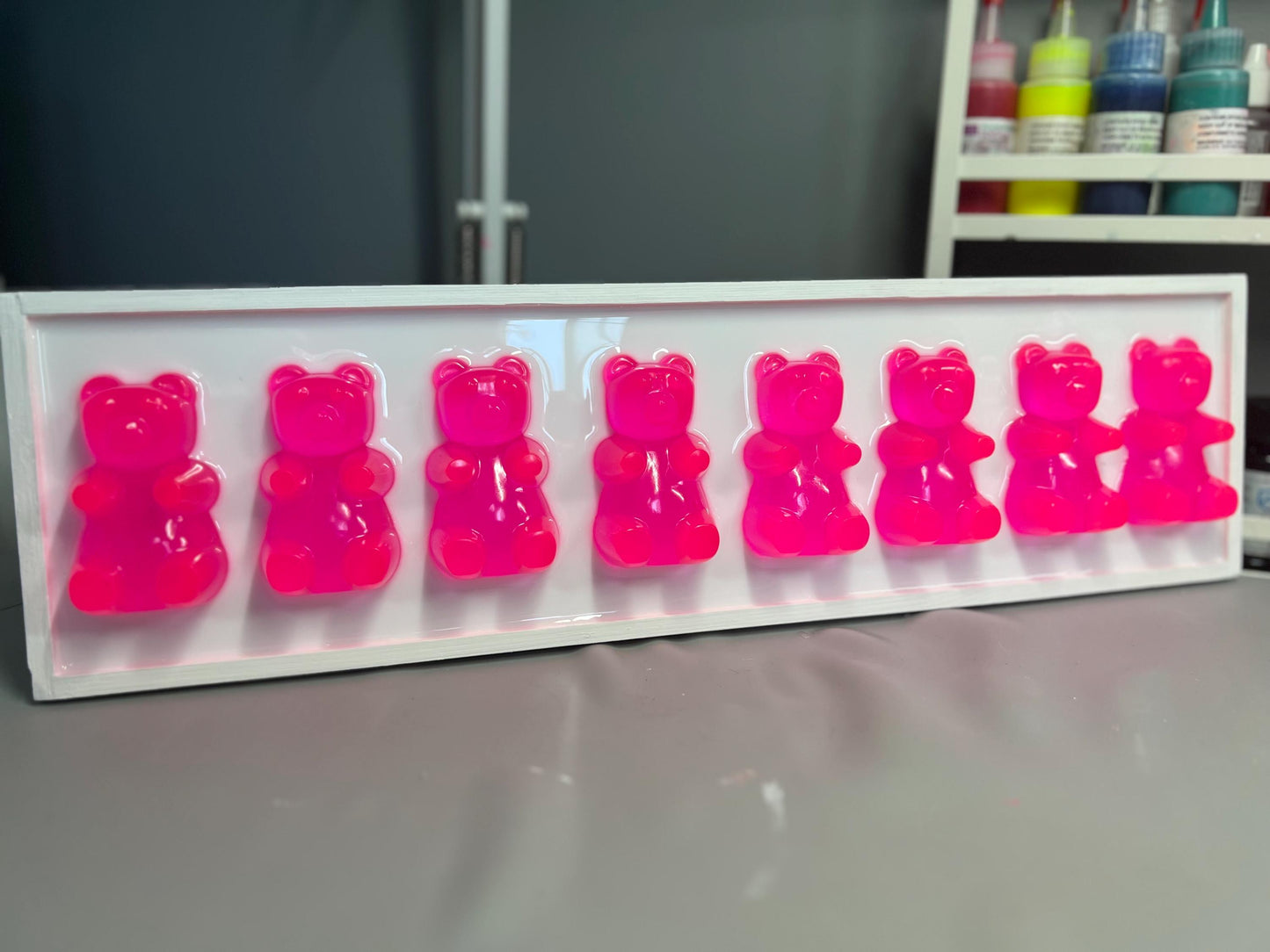 Pink Flight Gummy Bear Resin Wall Art: 3D Pop Art Decor, Nursery Kids Room Decor, Fun Neon Dopamine Apartment Wall Decor, Fake Candy