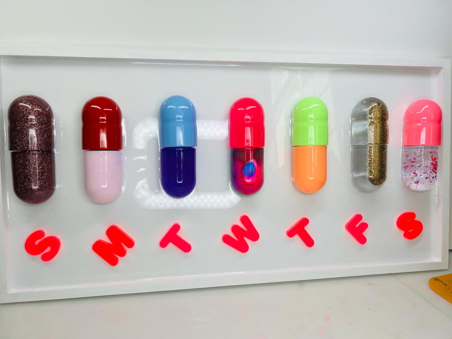 3D Pop Art 'Magic Pill' Wall Hanging: Resin Capsule Art, Dopamine Maximalist Office Wall Mount Decor, Mental Health Awareness Art
