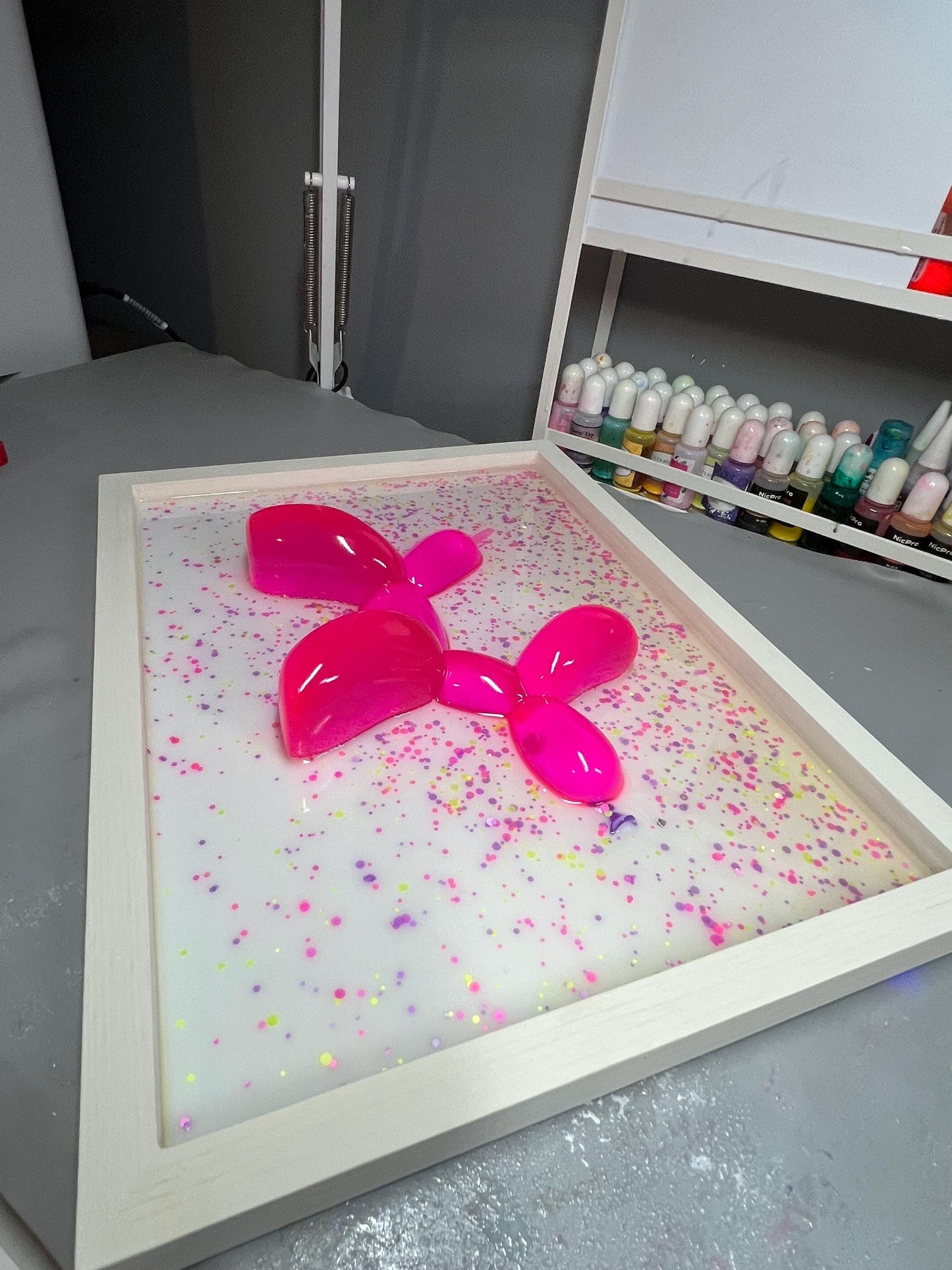 Neon Pink Balloon Dog Wall Art: 3D Confetti Resin Pop Art