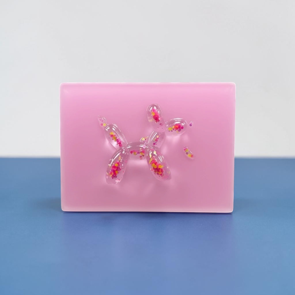 Confetti Balloon Dog on Soft Pink Resin Panel – OOAK Pop Art Sculpture (8x6 Wall Art)