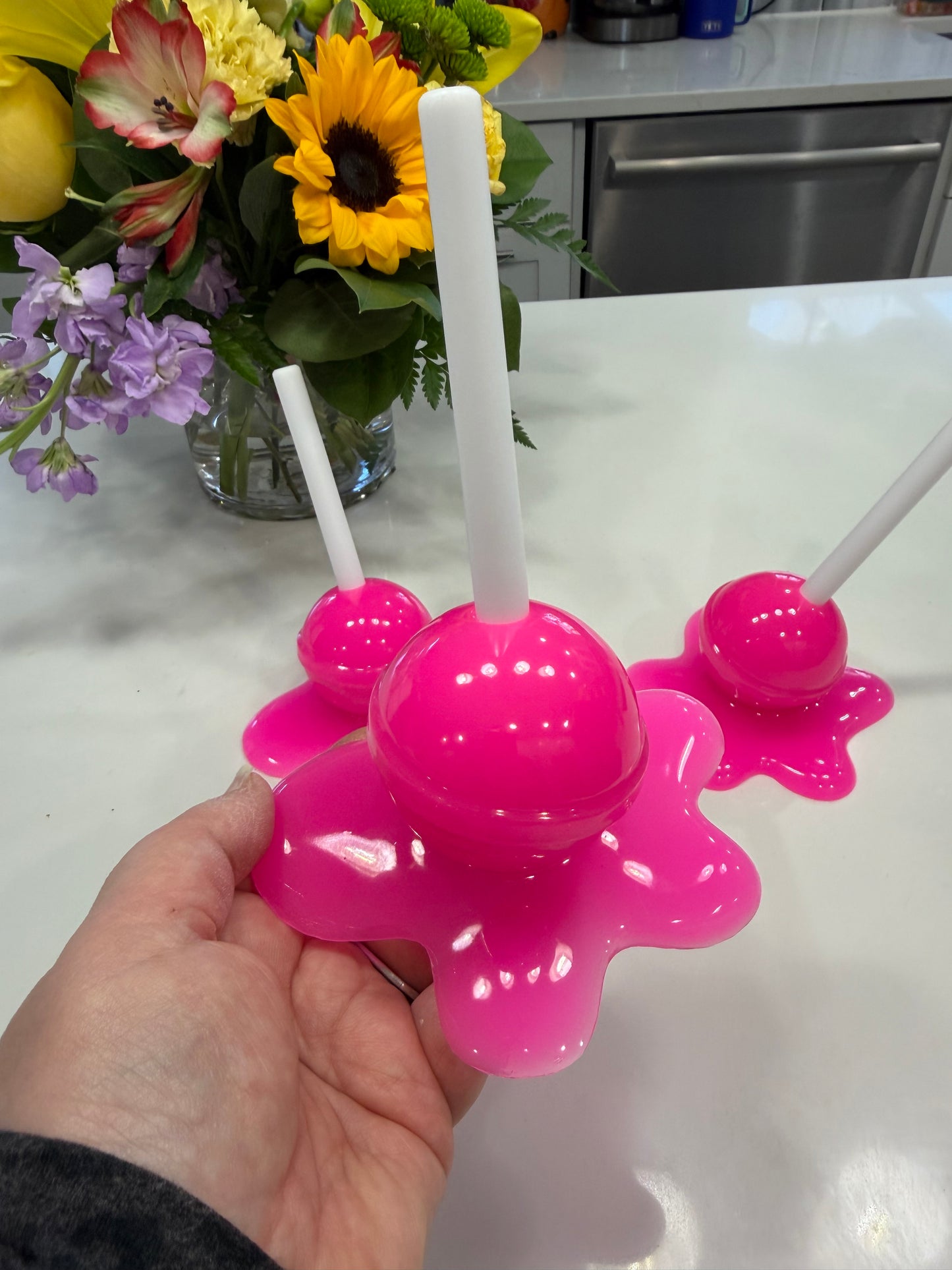 Neon BubblegumPink Melting Lollipop Resin Sculpture – OOAK Pop Art Candy Decor