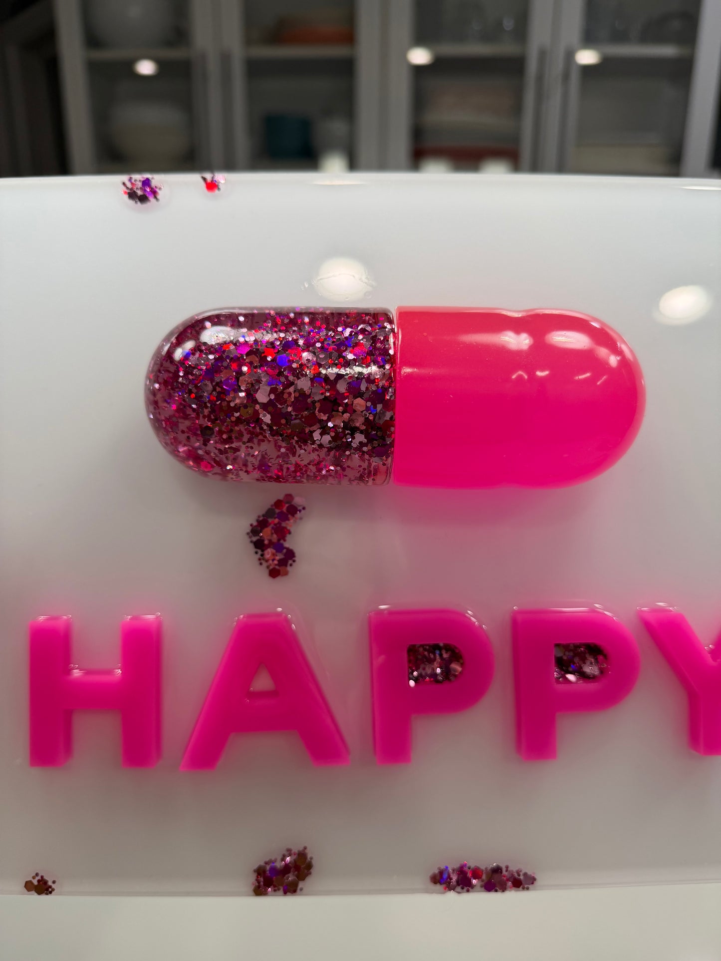 Neon Pink “Happy Pill” Resin Wall Art – Glossy Capsule Pop Art Sculpture | Dopamine Decor | Candy Cabinet Collection