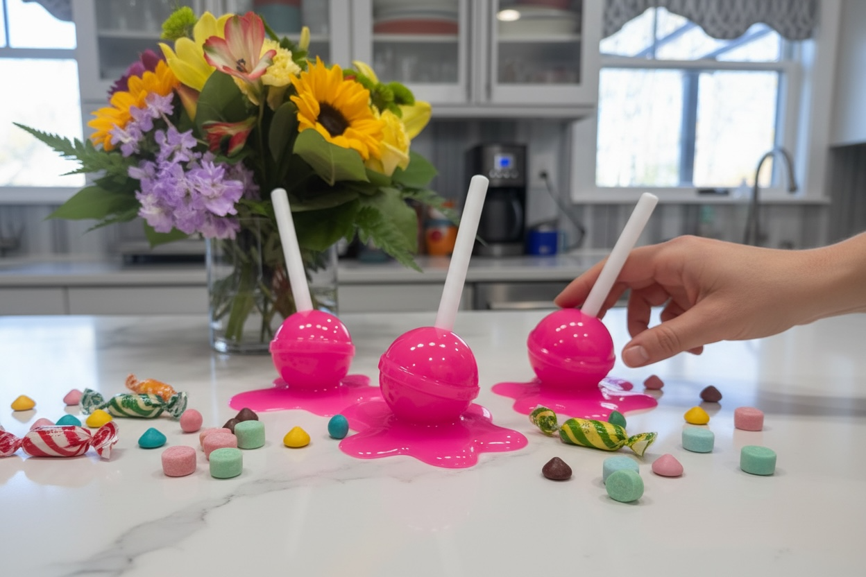 Neon BubblegumPink Melting Lollipop Resin Sculpture – OOAK Pop Art Candy Decor