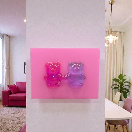 Linked Bears – 8x6” Resin Wall Art | Neon Pink Pop Art Sculpture | Free US Shipping