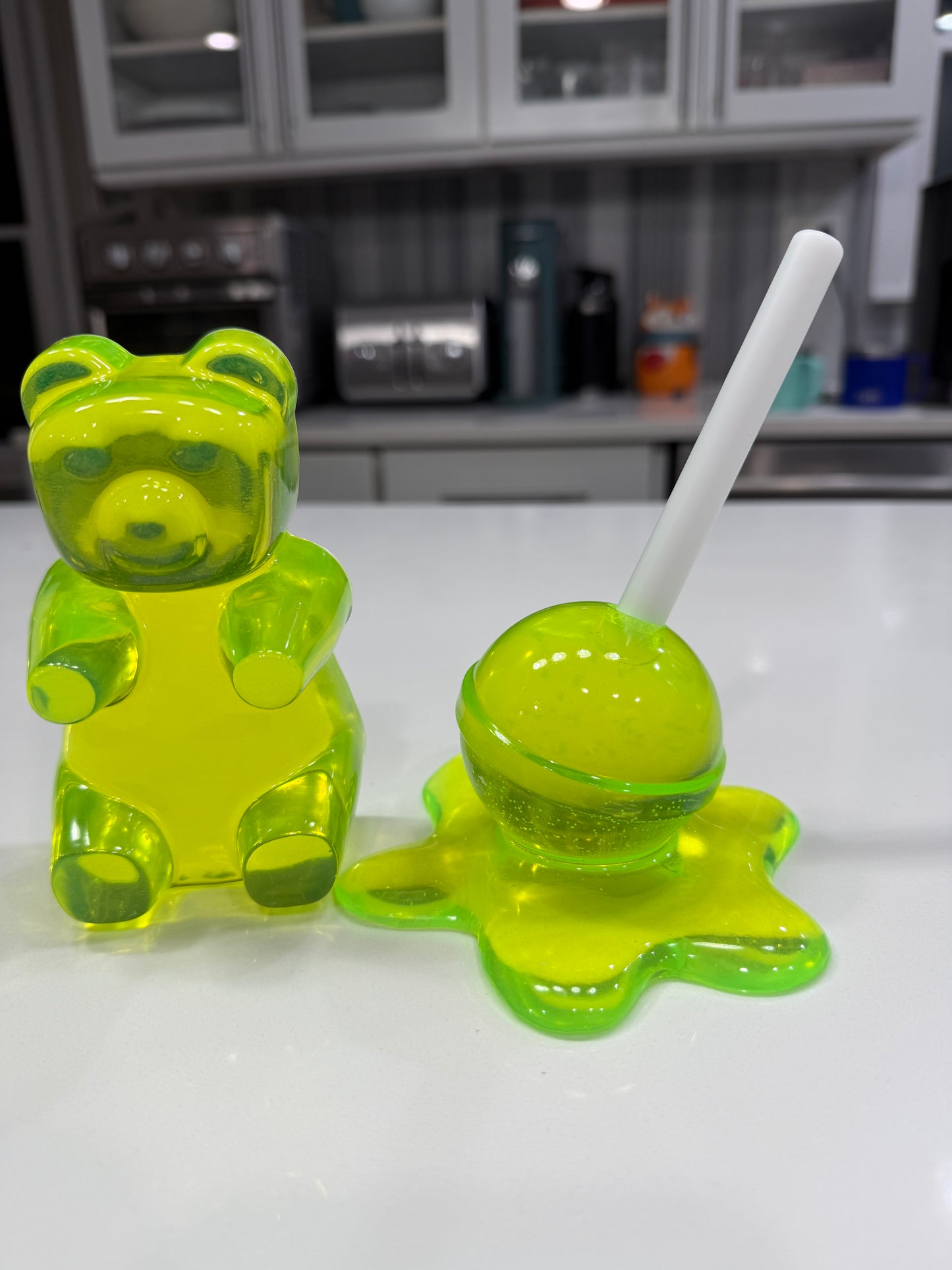 Neon Lime Gummy Bear & Melting Lollipop Set | Handmade Resin Pop Art Sculpture Duo | Candy Cabinet Collection | Dopamine Decor