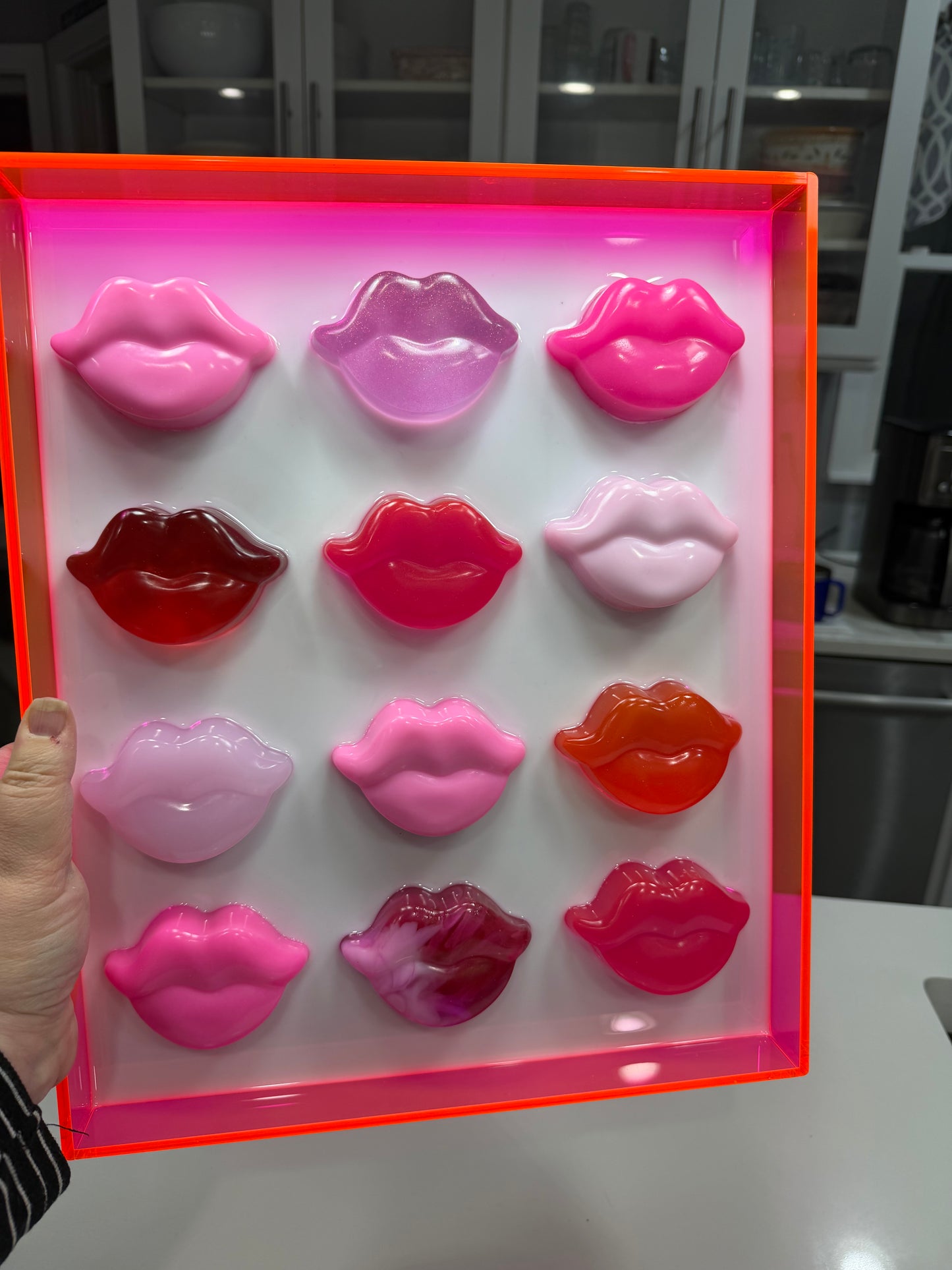 Neon Kiss Grid – Resin Lip Wall Sculpture in Fluorescent Acrylic Frame Free US Shipping