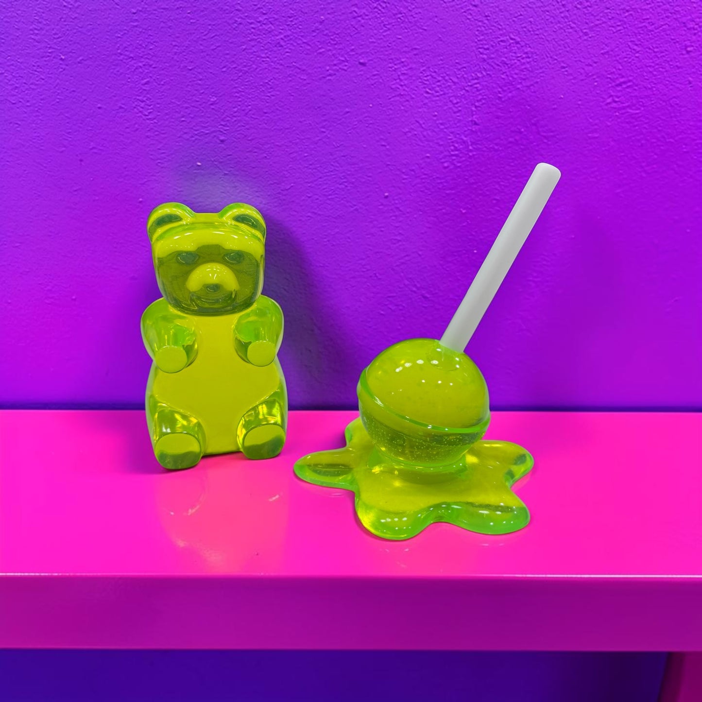 Neon Lime Gummy Bear & Melting Lollipop Set | Handmade Resin Pop Art Sculpture Duo | Candy Cabinet Collection | Dopamine Decor