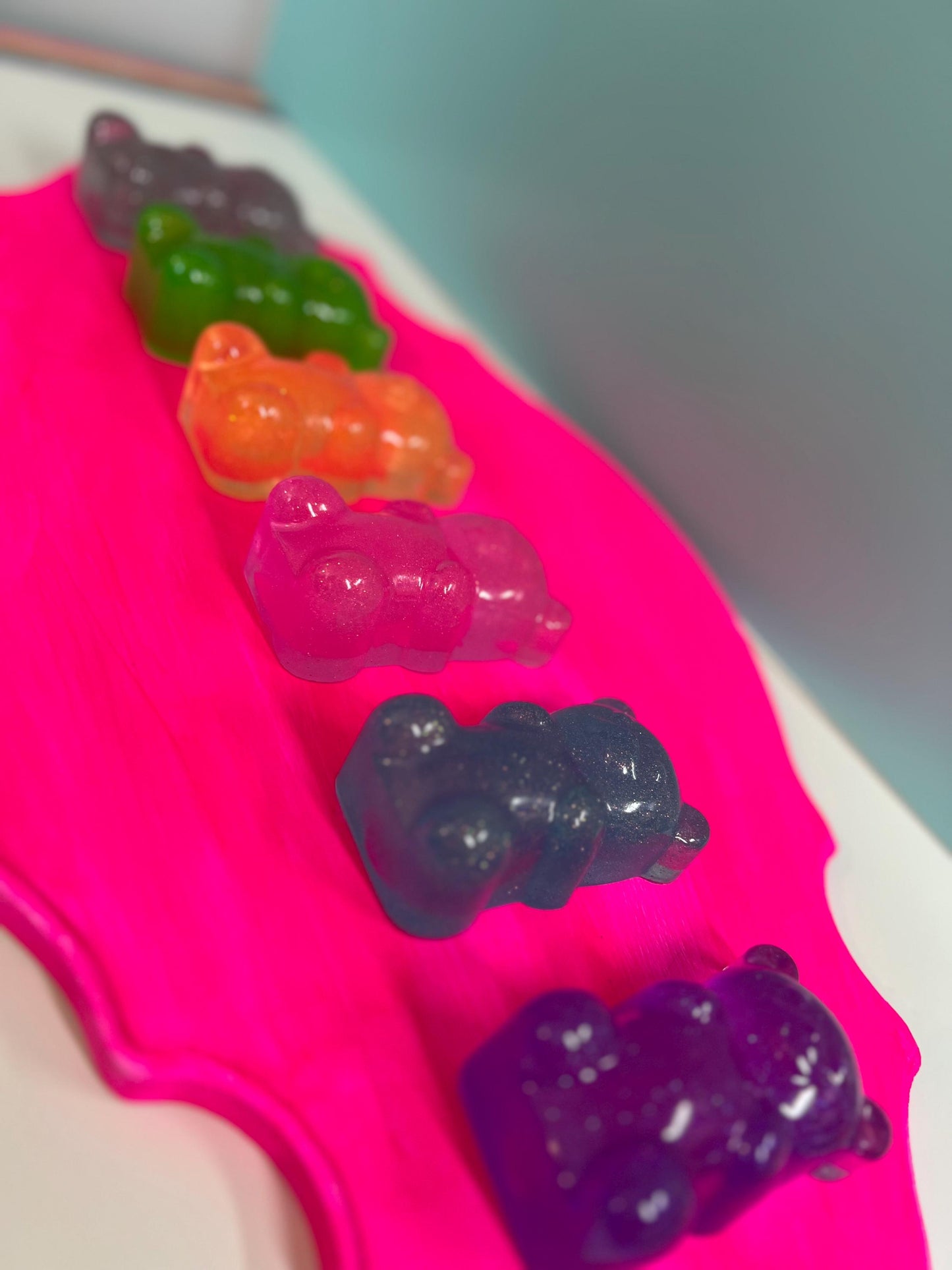 Rainbow Gummy Bears Ornate Filigree Frame Wall Art: Glitter Resin 3D Pop Art, Classic Gummy Bear Candy Shapes Statement Wall Art Hot Pink