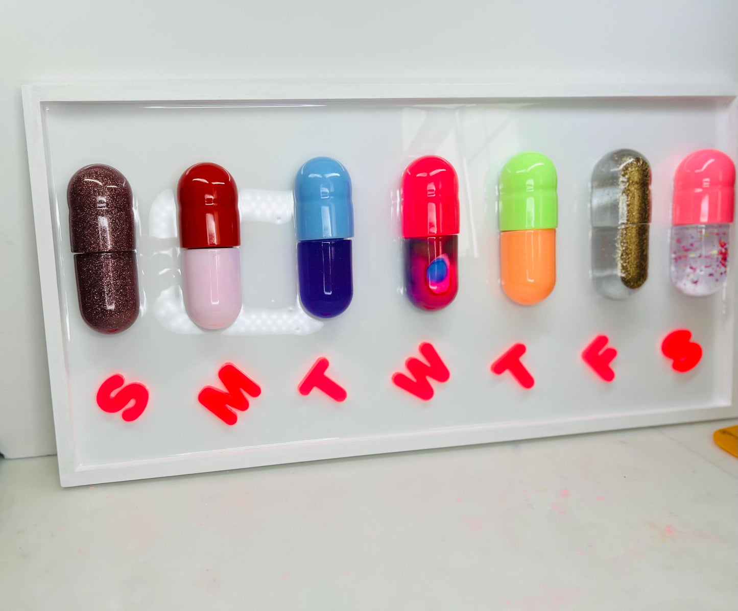 3D Pop Art 'Magic Pill' Wall Hanging: Resin Capsule Art, Dopamine Maximalist Office Wall Mount Decor, Mental Health Awareness Art