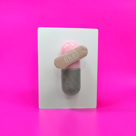 I’m Ok Capsule Pill Wall Art – 8x6” Resin Sculpture – Pink Pop Art Mental Health Piece – Glitter Silver & Bandage Detail – Ready to Hang