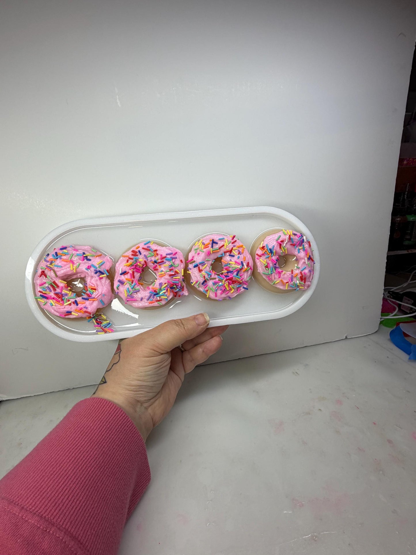 Pink Frosted Donut Resin Art • 13x5” Handmade Pop Art Tray • Rainbow Sprinkle Sweet Kitchen Decor • Cute Kawaii Donut Wall Art