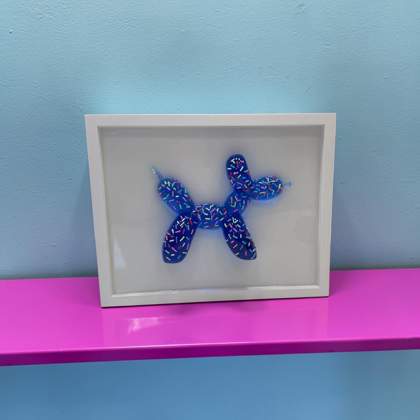Blue Sprinkle Balloon Dog Wall Art | Handmade Resin Pop Art Sculpture on White Framed Panel | Candy Cabinet Collection