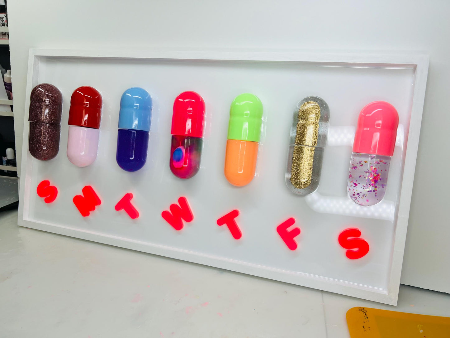 3D Pop Art 'Magic Pill' Wall Hanging: Resin Capsule Art, Dopamine Maximalist Office Wall Mount Decor, Mental Health Awareness Art